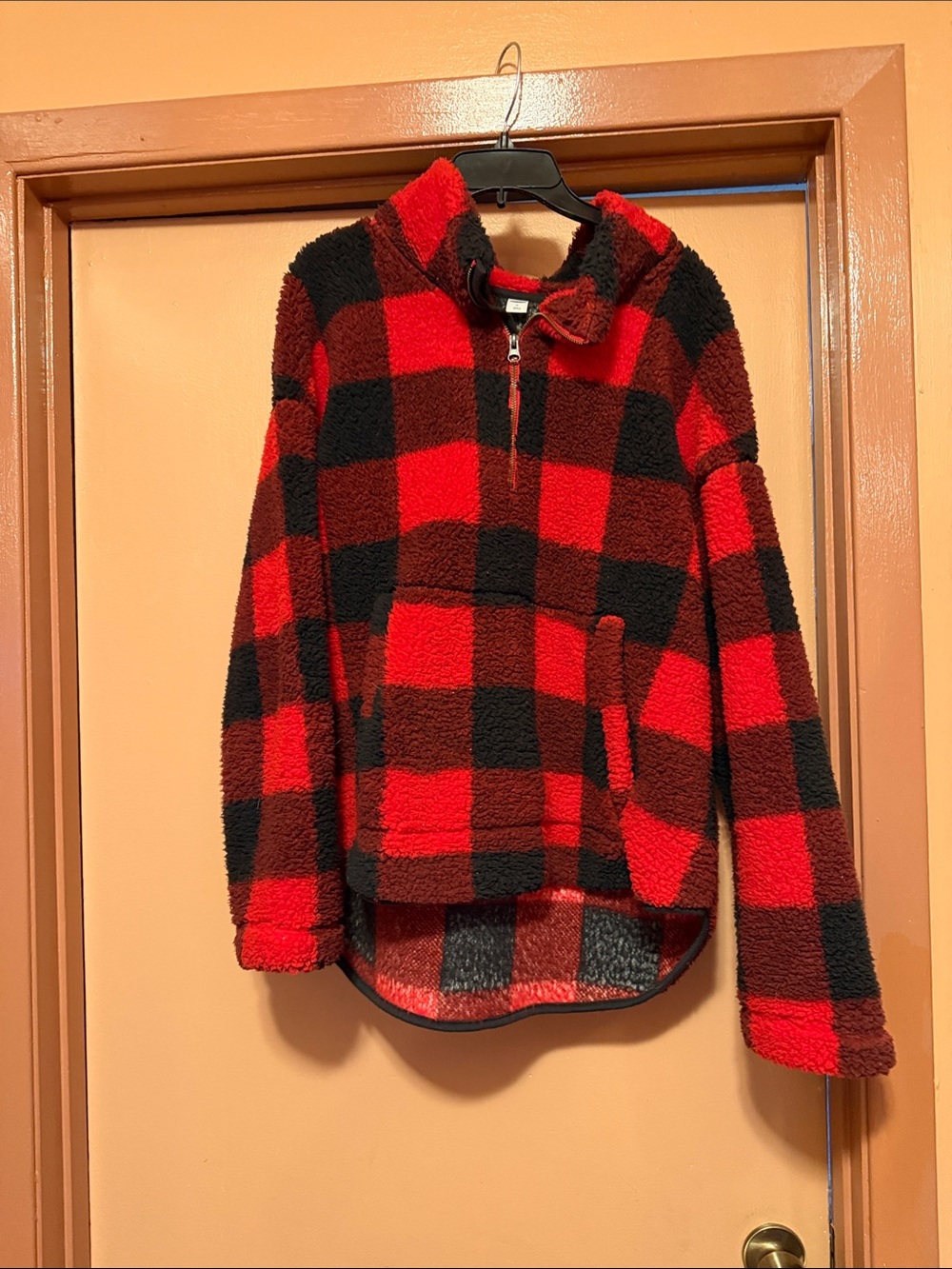 Old Navy Red and Black Buffalo Plaid Sherpa Half-Zip pull over